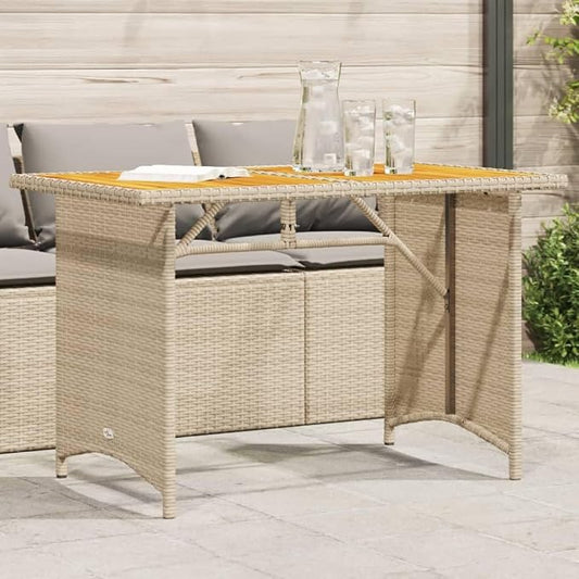 Garden Table Beige PE Rattan with Powder-Coated Steel Frame and Solid Acacia Wood top 43.3 x 26.8 x 27.6 in Rectangular Outdoor Dining Table for Patio Balcony Backyard use