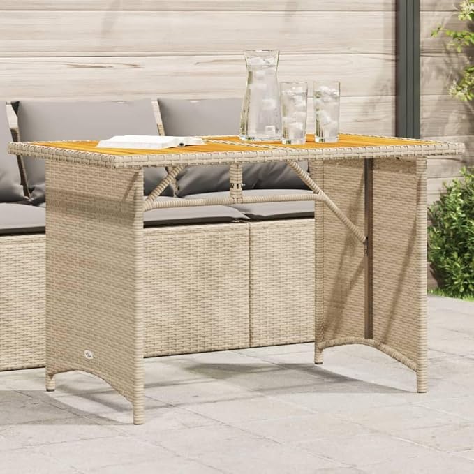 vidaXL Patio Table with Wooden Top, Garden Table, Dining Table for Outdoor Balcony, Patio Furniture, Modern Style, Beige Poly Rattan