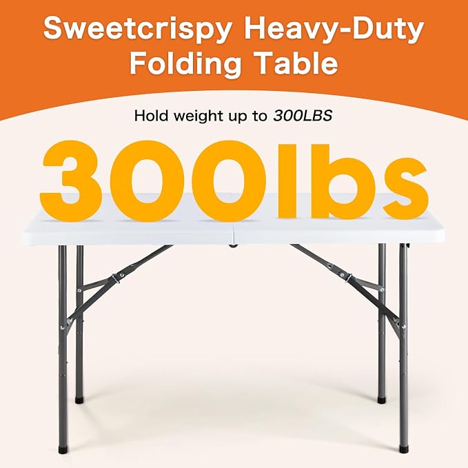 Sweetcrispy 4 FT Folding Picnic Table 2 Pack, Easy to Fold and Store, Foldable Table for Camping Picnic Dining Party Kitchen Outdoor Indoor with Carrying Handle