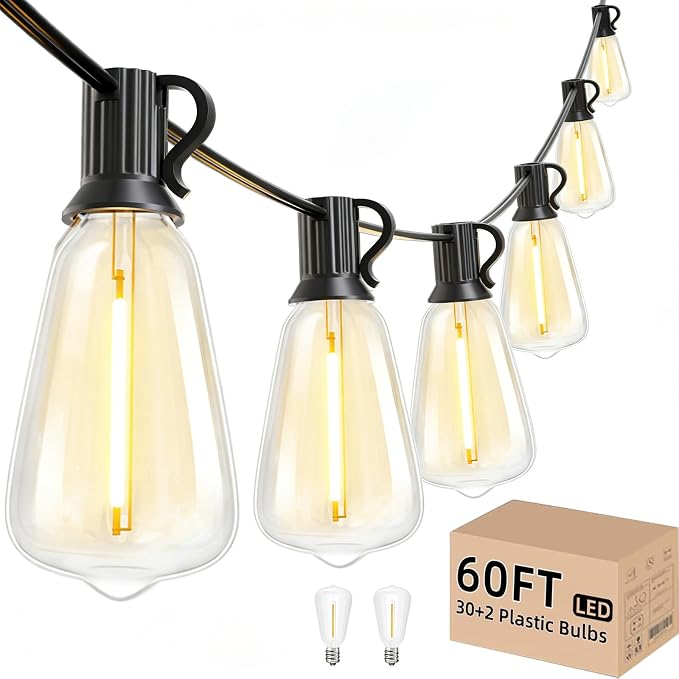 Svater Outdoor String Lights 60 FT, Patio Light Waterproof 32 LED Bulbs | Shatterproof ST38 Edison Bulb, Hanging Lighting Connectable For Outside Bistro Cafe Market Porch, Dimmable 2700K
