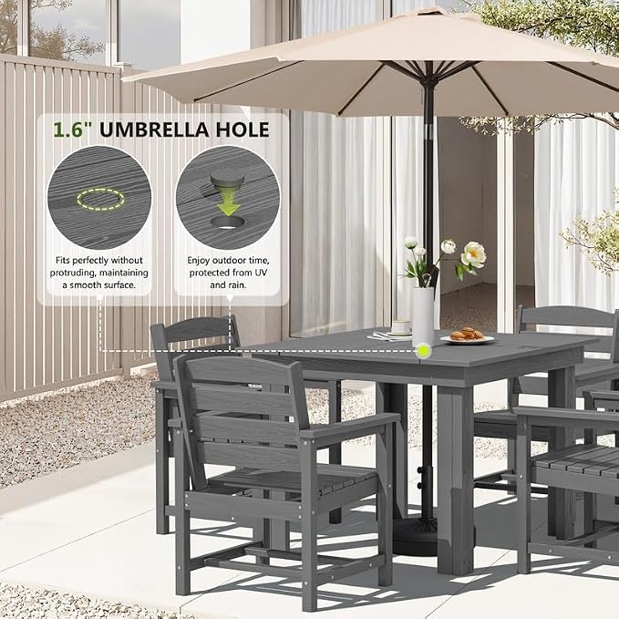 KINGYES HDPE Outdoor Dining Set for 4 with Umbrella, 6-Piece Square Patio Table & Armchairs, All-Weather for Backyard, Garden, Lawn & Poolside, Gray
