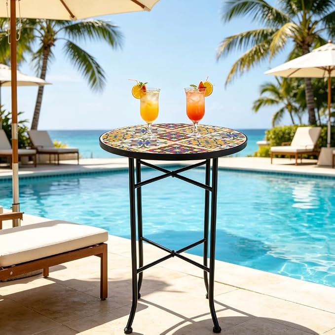 Mosaic Outdoor Side Table Small Round Patio Table Plant Stand | 21" Accent End Table with 14" Ceramic Tile Top for Small Spaces Porch Pool Garden Decor Indoor Living Room Bedroom Balcony