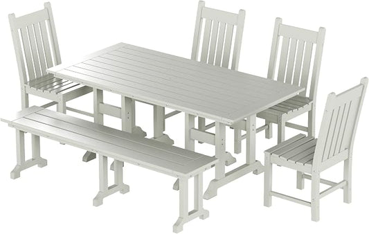 WO Home Furniture Adirondack Patio Dining Chair Table Bench Set of 6 PCS Rectangle Dinner Table Dining Armless Chairs (Sand)