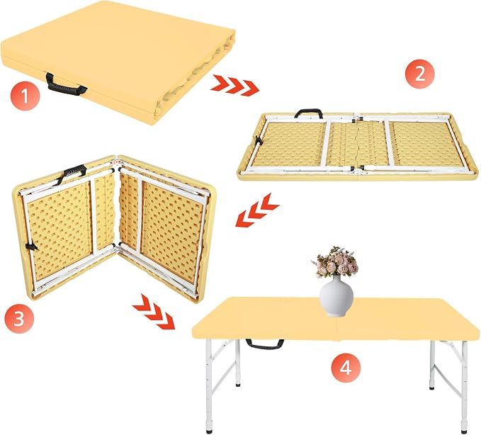 Portable 4Ft Folding Table, Heavy Duty Plastic Fold-in-Half Utility Foldable Table, Adjustable Height Plastic Folding Table with Carrying Handle for Camping &Party Indoor/Outdoor(Light Yellow)