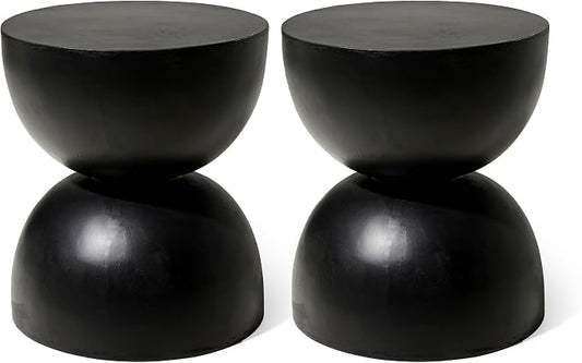 Glitzhome Outdoor Side Table, Round Small End Table with Terrazzo Finish MGO Hourglass Garden Stool, Set of 2 Lightweight Decorative Accent Table for Living Room Planter Stand Patio Pool Porch, Black