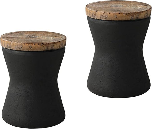 COSIEST 2 Pieces Outdoor End Table, Set of 2 Drum Side Table Faux-Wood Top, Black Base with Tree Trunk Slice Hand Painted, Accent Stool, Plant Stand
