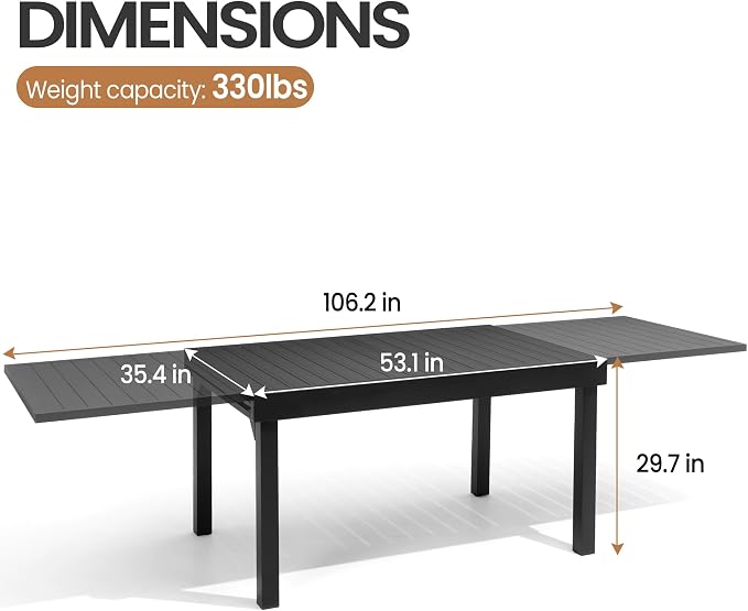 53"-106" Extendable Outdoor Dining Table Black Aluminum Expandable Patio Dining Table for 6-10 People All-Weather Extending Dining Table for Backyard Lawn Garden(Only Table)