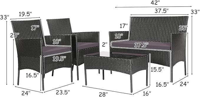 Tangkula 4 Pieces Patio Furniture Set, Outdoor Wicker Conversation Set with Tempered Glass Tabletop, Rattan Sofa and Chairs Set with Off White & Grey Cushion Covers