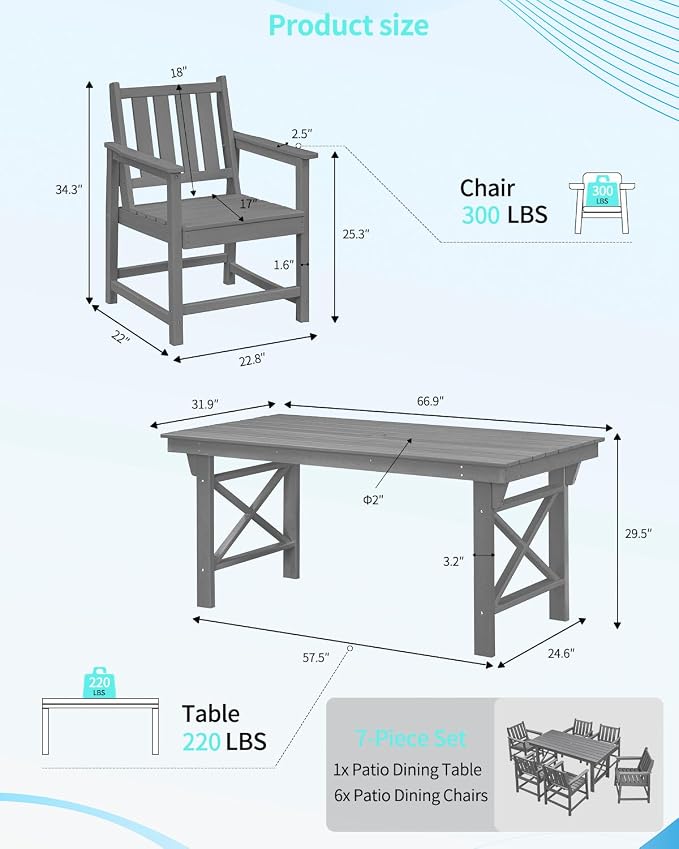 Outdoor HDPE Dining Table Set, 7-Piece Outdoor Patio Dining Sets with Umbrella Hole Cut-Out Table and 6 Chairs for Backyard, Deck, Garden and Poolside, Gray