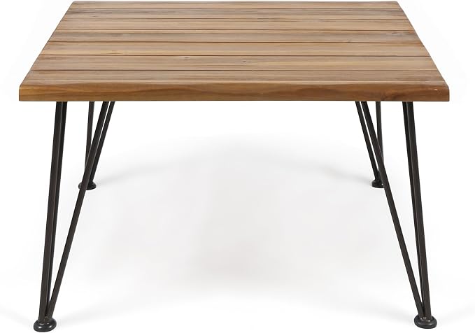 roomfitters Outdoor Wooden Coffee Table with Slatted Top and Iron Hairpin Legs, Patio Accent Table for Garden, Natural
