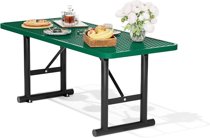 6FT Metal Picnic Tables for Outdoors, Commercial Rectangular Picnic Table for Outside, Park, Campfield, Patio, Garden, Yard, Thermoplastic Coating, Surface Mounted, Green