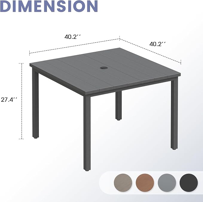VICLLAX Square Patio Dining Table for 4, Outdoor Patio Table with Umbrella Hole for Garden Lawn Deck Backyard, Dark Grey Tabletop