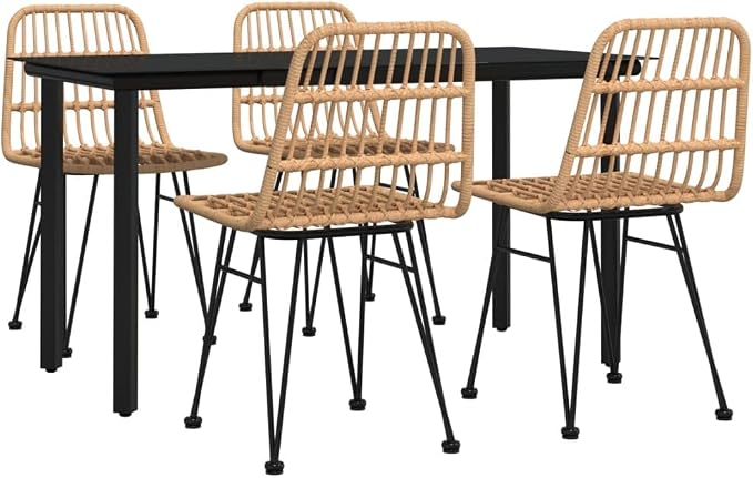 5 Piece Patio Dining Set Poly Rattan Outdoor Furniture with Tempered Glass Table, Steel Chairs with Backrest for Garden, Backyard, Deck, Balcony Dining