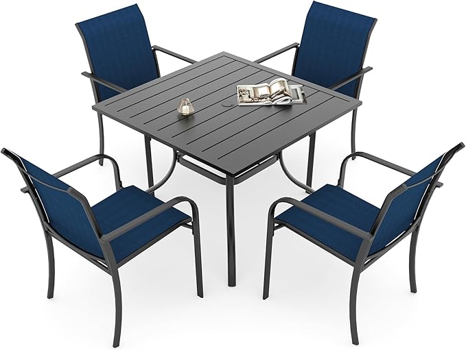 Anmutig Small Patio Dining Set of 5, Outdoor 35" Square Table with Umbrella Hole and 4 Stackable Blue Chairs for Outdoor Use