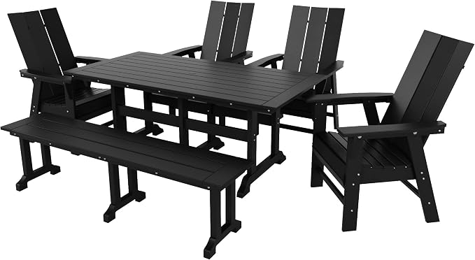 WestinTrends Ashore 6 Pieces Adirondack Patio Dining Set with Bench, All Weather Poly Lumber Slatted Outdoor Furniture Set, 71" Trestle Table and 4 Adirondack Chair and Outdoor Bench, Black