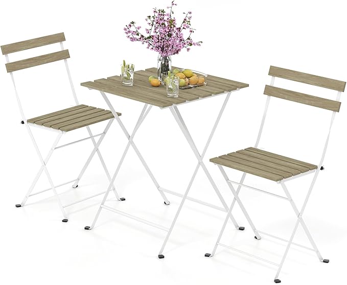 Tangkula 3 Pieces Patio Dining Set, Outdoor Square Table and Folding Chairs with Metal Frame, Space Saving Furniture Set for Yard Porch Deck Backyard (Grey)