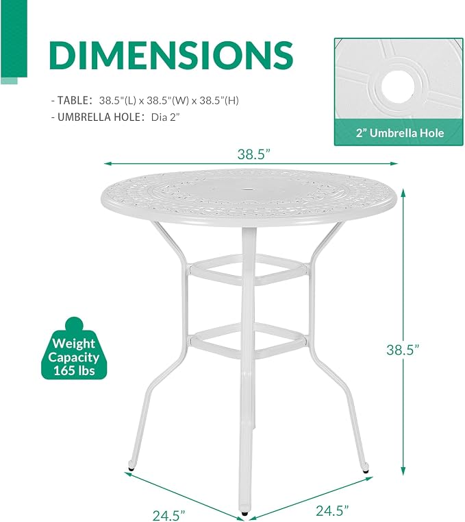 VIVIJASON 38.5" Patio Height Bar Table, All-Weather Cast Aluminum Bar Bistro Table Outdoor Patio Round Dining Table with Umbrella Hole for Balcony, Lawn, Garden, Backyard, White