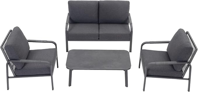 4-Piece Aluminum Patio Furniture Set, Outdoor Conversation Set with Loveseat, Chairs & Coffee Table, Deep Seating Cushions, All-Weather Metal Patio Furniture for Backyard, Balcony, Gray