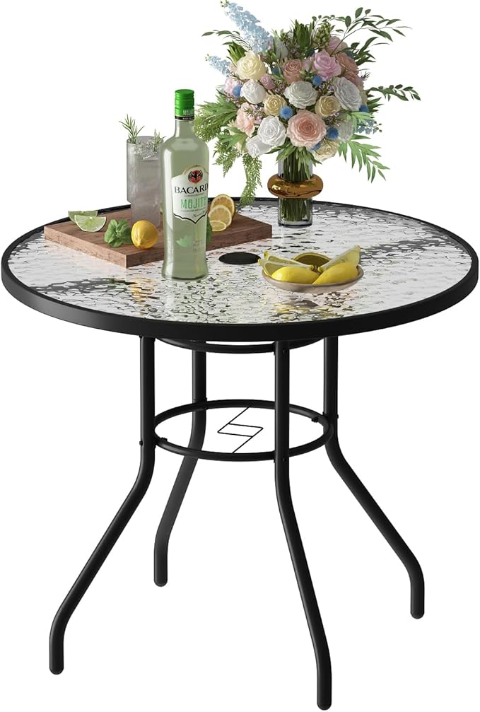 32'' Outdoor Patio Table, Bistro Table with Tempered Glass Table Top and Umbrella Hole Steel Frame Outdoor Furniture Party Conversation Coffee Table for Garden Backyard Balcony Lawn