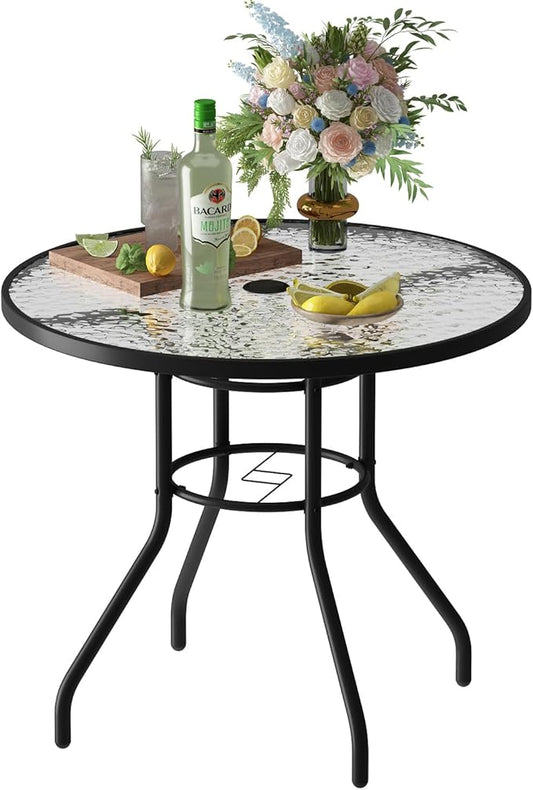 32'' Outdoor Patio Table, Bistro Table with Tempered Glass Table Top and Umbrella Hole Steel Frame Outdoor Furniture Party Conversation Coffee Table for Garden Backyard Balcony Lawn