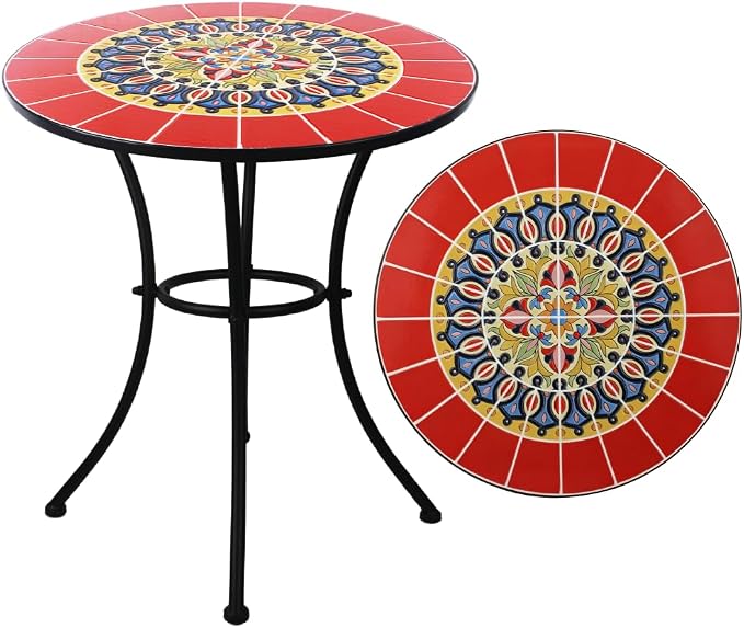 24 Inch Mosaic Patio Round Side Table with Ring Curved Legs Indoor and Outdoor Accent End Table for Yard, Garden, Living Room, Bistro, A - Red Mandala
