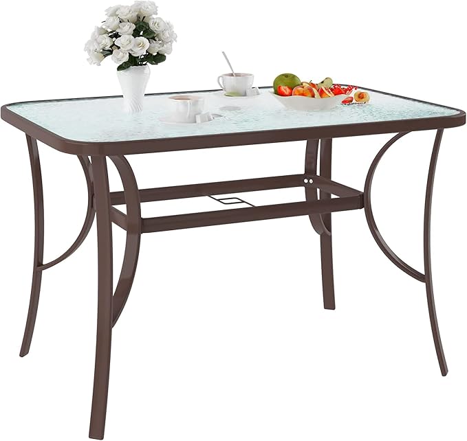 SogesPower Outdoor Tempered Glass Table Patio Dining Table with Umbrella Hole Steel Frame 47 inch Brown