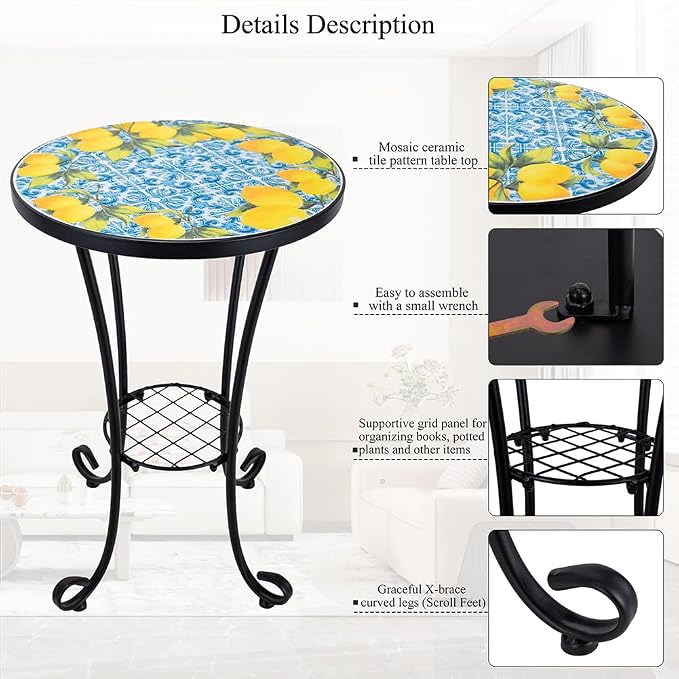 14 Inch Mosaic Patio Side Table with Scroll Legs, Indoor Outdoor Accent Round End Table with Ceramic Tile Tops for Yard, Garden, Living Room, Bistro, B - Lemon & Blue Tile