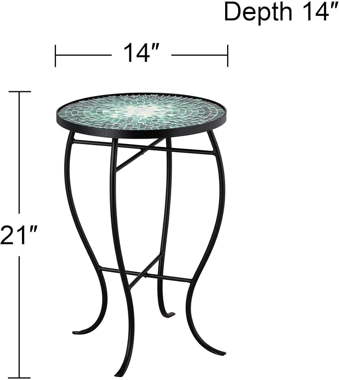 Teal Island Designs Bella Modern Black Metal Round Outdoor Accent Side Tables 14" Wide Set of 2 Set of 2 Green Mosaic Tile Tabletop Gracefully Curved Legs for Spaces Porch Patio Home House Balcony
