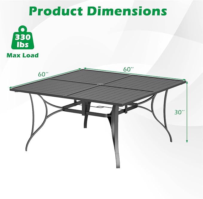 Tangkula 60" x 60" Metal Patio Dining Table for 8, Square Heavy Duty Outdoor Dining Table with Umbrella Hole, 8-Person Outside Dining Furniture for Porch, Garden, Balcony and Backyard