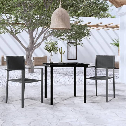 3 Piece Patio Dining Set Black Outdoor Table and Chairs for Garden Balcony Steel Glass Top Rattan Design