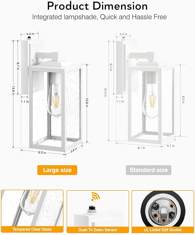 VIANIS 2 Pack Large Outdoor Wall Sconce, White Porch Lights Outdoor Light Fixture for House, Modern Exterior Lighting Wall Mount for Front Door Patio, Anti-Rust Dusk Dawn Outside Garage Lights Lantern