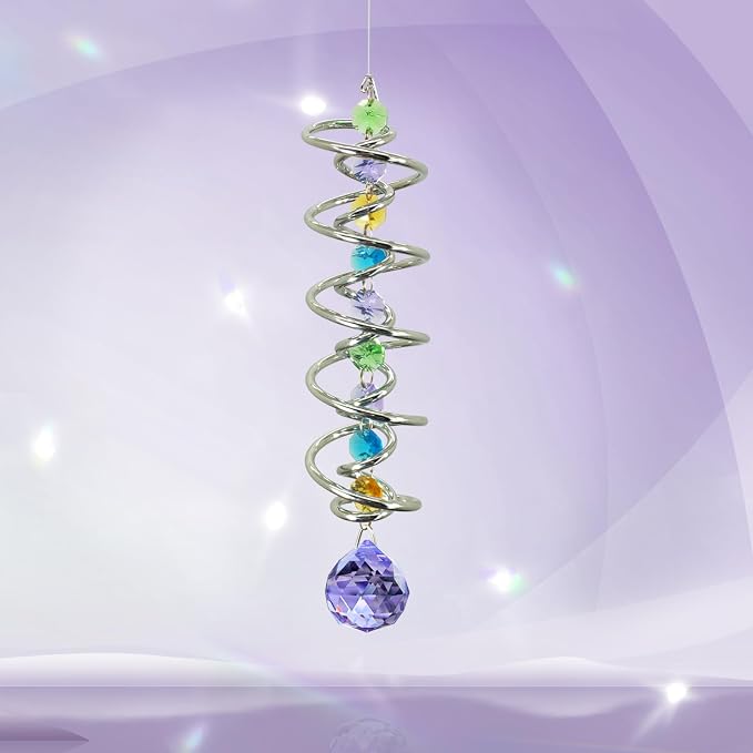 FONMY Gazing Ball Spiral Tail -Decorative Wind Spinner Sun Catcher Rainbow Maker Double-Spiral W/Purple Crystal Ball and Chain Crystals for Indoor Outdoor Garden Decoration -14 inch Height