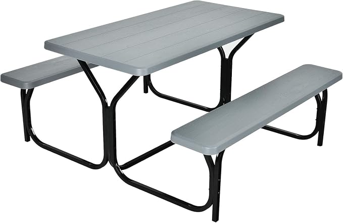 Picnic Table, Outdoor Table Bench Set with Metal Frame & Wood-Like Texture, Large Picnic Table with All Weather-Resistant Tabletop, Camping Picnic Tables for Patio, Lawn, Dining Party, Grey
