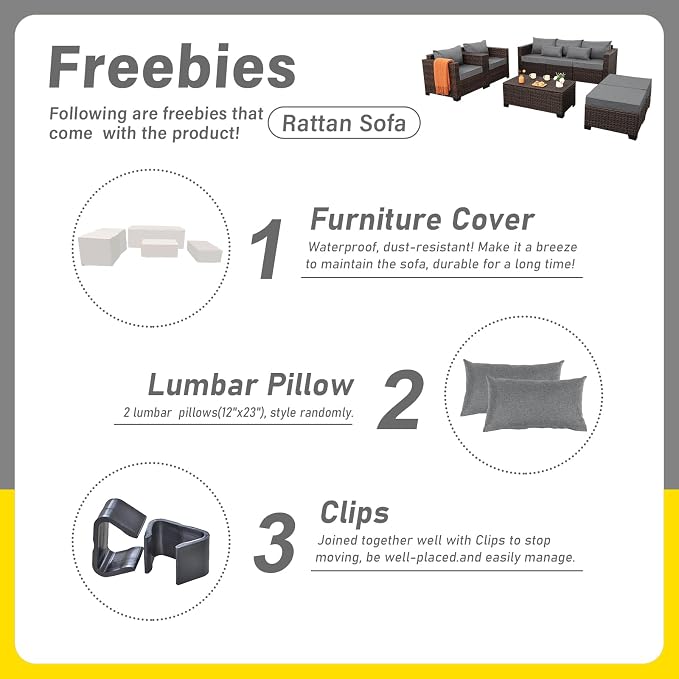 Oasishine Wicker Patio Furniture Set 6 Pieces Outdoor Furniture Chairs and Couch Storage Table Anti-Slip Cushions and Waterproof Covers, Dark Grey