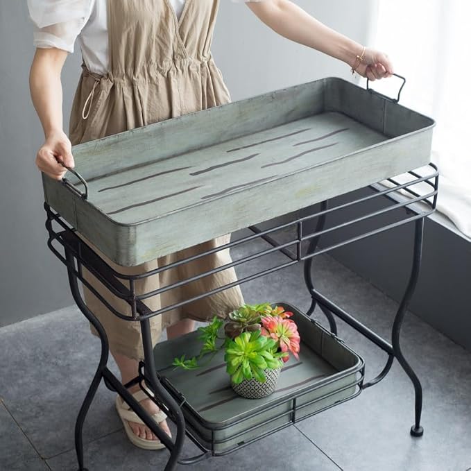 Galvanized Tray Table, Iron, 32x15x31 in, Antique Gray | Iron, galvanized two-tray table with handles, assembly required, outdoor patio use