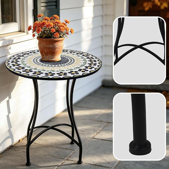 3 Piece Bistro Sets Mosaic Tile Round Table Folding Chairs Garden | Set of 3 Patio Furniture 23.6" Table and 2 Chairs Outdoor Bistro Chairs Artistic Table for Balcony Porch Apartment Backyard