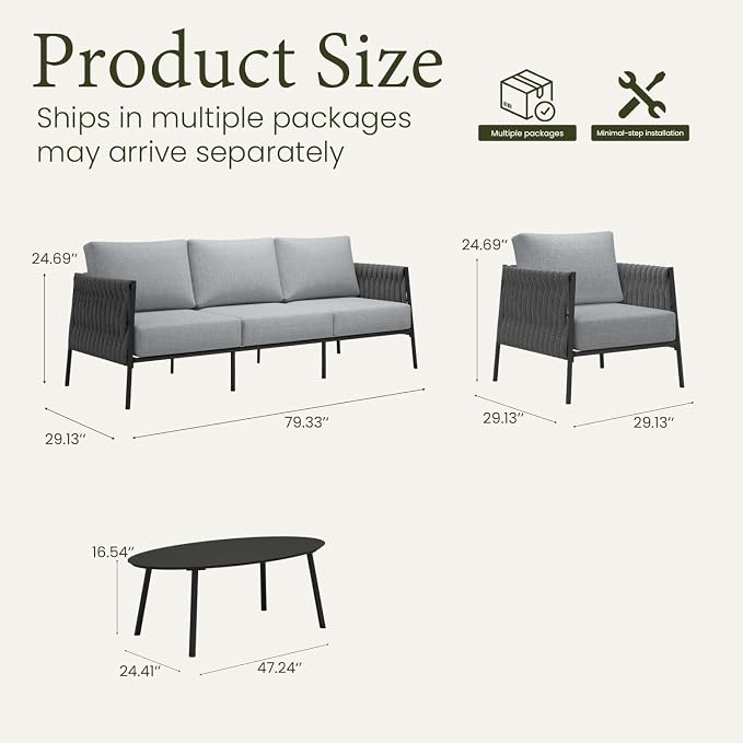 LayinSun 4 Piece Outdoor Furniture Set with Coffee Table, Modern Rope Woven Patio Conversation Sofa Set with Olefin Braid and Deep Seating
