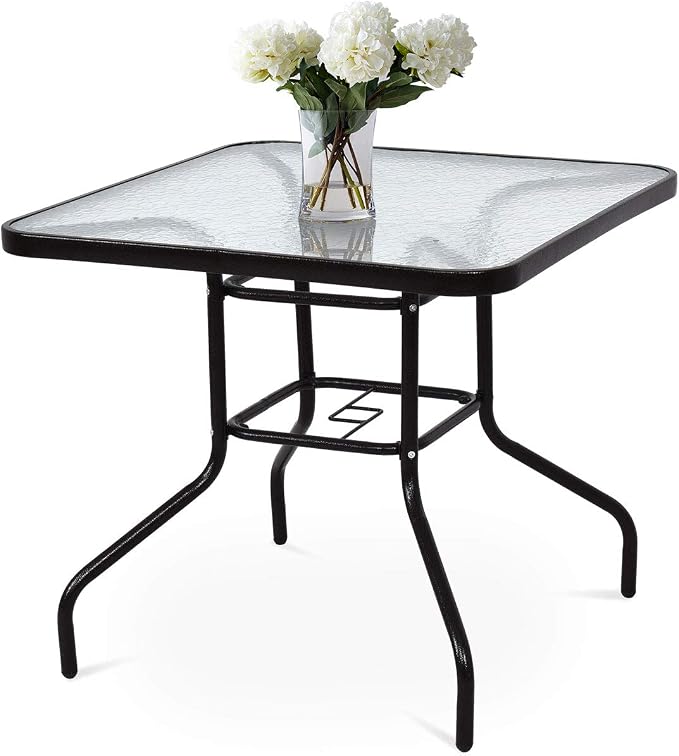 Tangkula 32-Inch Square Patio Dining Table with Tempered Glass Top, Metal Frame Outdoor Bistro Table with Umbrella Hole, Outside Table for Garden Poolside Balcony Yard