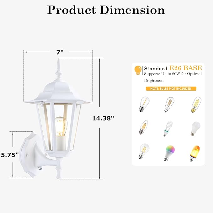 GRUENLICH Outdoor Wall Light Fixture, Rustproof Aluminum, Glass | Dusk to Dawn Exterior Porch Light Wall Sconce Lantern for House, Patio, Garage, Waterproof, E26 Socket 60W Max, White, 1 Pack