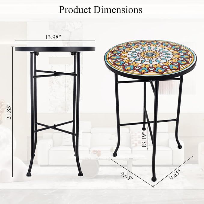 Mosaic Outdoor Side Table Small Round Patio Table Plant Stand | 21" Accent End Table with 14" Ceramic Tile Top for Small Spaces Porch Pool Garden Decor Indoor Living Room Bedroom Balcony