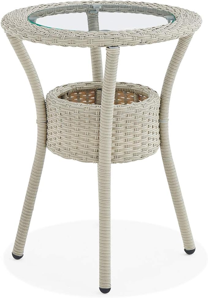 Modern and Weatherproof Haven All-Weather Wicker Outdoor Round Glass-Top Accent Table with Storage - Outdoor Furniture Patio Set & Metal - 20 in. W x 20 in. D x 26 in. H