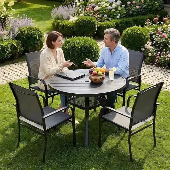 SUNCROWN 5 - Piece Outdoor Dining Set, Patio Furniture Set with 4 x Textilene Dinning Chairs and 41" Metal Round Table with Umbrella Hole for Lawn Garden Backyard Deck, Black