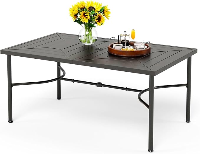 PHI VILLA 64" Large Metal Patio Dining Table Steel Rectangular Outdoor Table, Weather-Resistant Table with 1.77" Umbrella Hole for Lawn Backyard Garden, Black