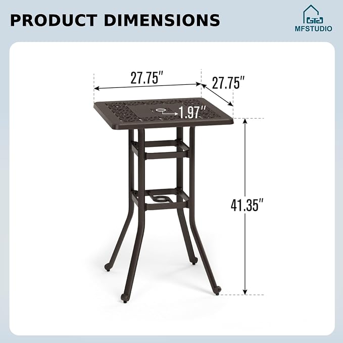 MFSTUDIO 27.5” Square Cast Aluminum Bar Height Patio Table, 42” Outdoor Bar Table with 1.75” Umbrella Hole for Bistro,Backyard,Brown