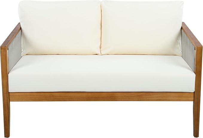 Christopher Knight Home Lalulu 4-Seater Patio Furniture Set with Cushion, 4 Piece Outdoor Acacia Wood Conversation Set, Sold Wood Outdoor Sectional Sofa Set with Coffee Table, Teak+Beige