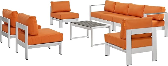 Modway Shore 7-Piece Aluminum Outdoor Patio Sectional Sofa Set in Silver Orange