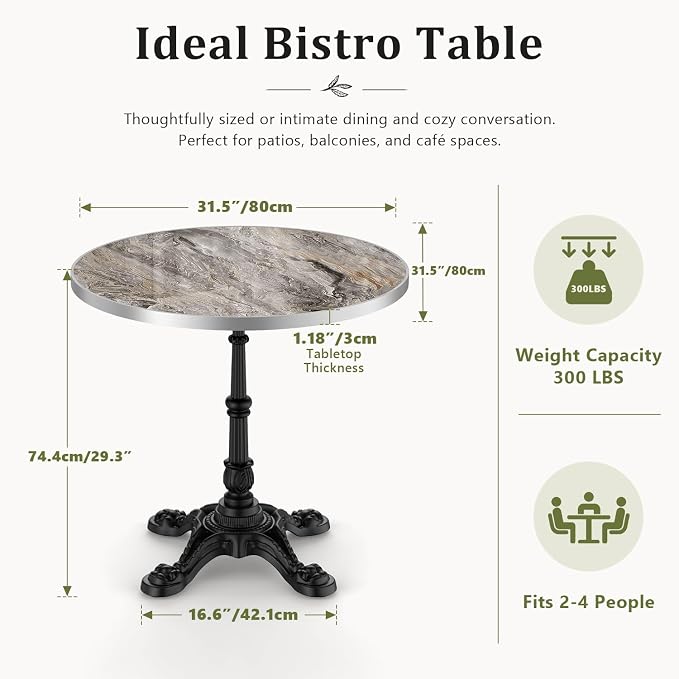 31.5" Outdoor Dining Table, Square Bistro Table w/Sintered Stone Tabletop | and Cast Iron Base, Weather Resistant Small Bistro Table for 2-4 for Outdoor Garden Café Use (Smoke Brown Marble)