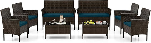 4 Piece Patio Furniture Set, Sectional Conversation Sofa Set with Glass Coffee Table, Cushions & Loveseat, Wicker Outdoor Table and Chairs for Pool, Garden, Deck, Backyard (2, Peacock Blue)