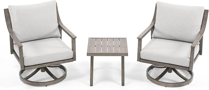 3-Piece Patio Conversation Set Aluminum Swivel for Outdoor Deck,(Grey) | Aluminum Outdoor Conversation Set Includes 1 Side Table and 2 Cushioned Swivel Rocker Chairs