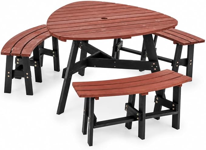 6-Person Round-Style Outdoor Picnic Table with Umbrella Hole, Curved-Edge Patio Dining Table with 3 Attached Benches, Backyard Picnic Table Set for Garden, Deck, Lawn & Camping, Brown & Black